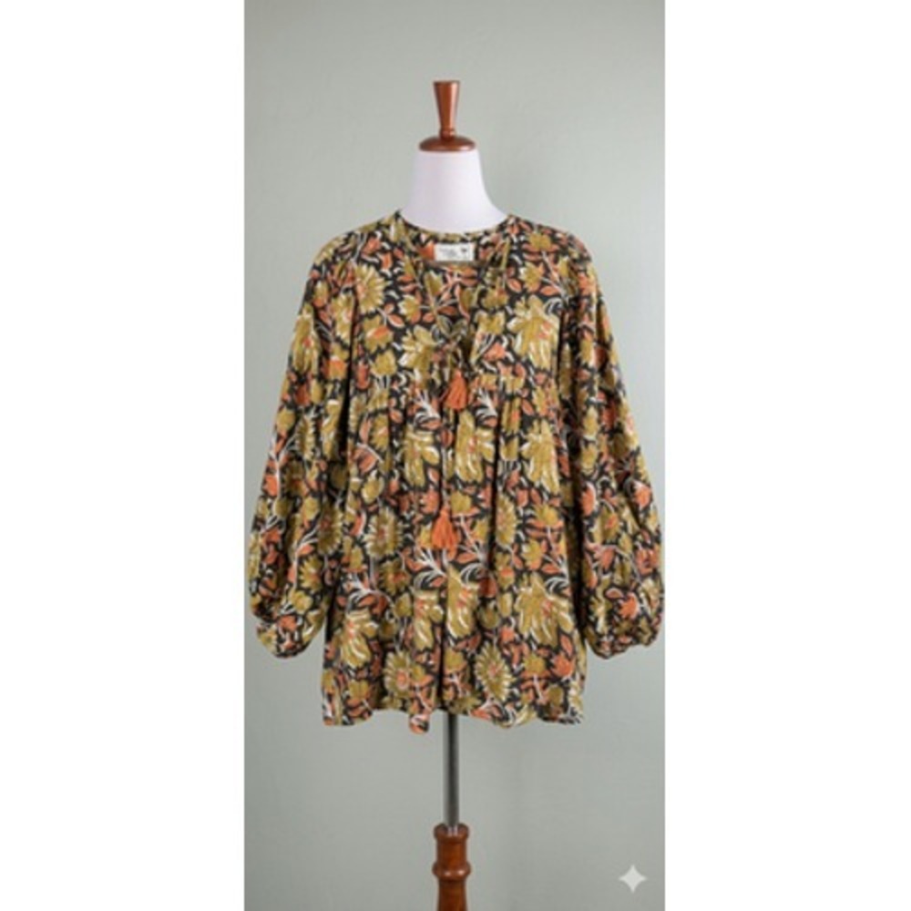 Mille Resort Travel Blouse Womens XXS Floral V Neck Long Sleeve Tunic Boho Top‎